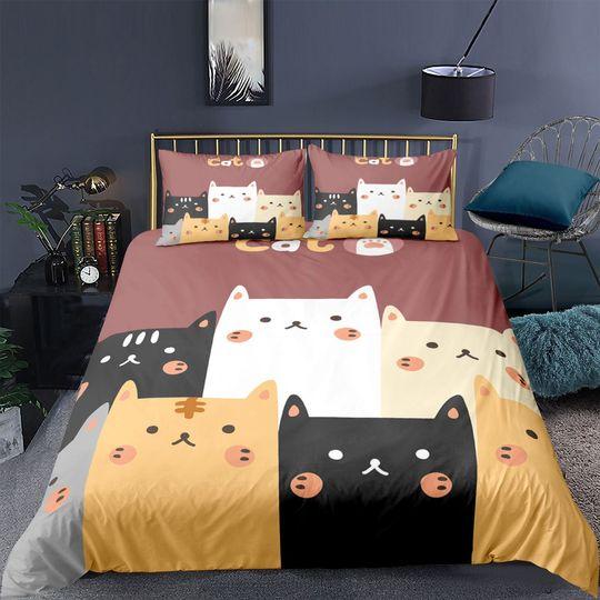 Cat Duvet Cover Set, Cartoon Kittens Funny Smiling Glasses Scarfs Decorative Piece Bedding Set Gift For Your Girlfriend Boyfriend Gift For Love Gift For Friend Best Valentine Present Holiday Gift