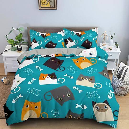 Cats Pattern On Blue Christmas Bedding SetsGift For Your Girlfriend Boyfriend Gift For Love Gift For Friend Best Valentine Present Holiday Gift