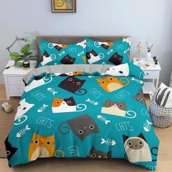 Cats Pattern On Blue Christmas Bedding SetsGift For Your Girlfriend Boyfriend Gift For Love Gift For Friend Best Valentine Present Holiday Gift