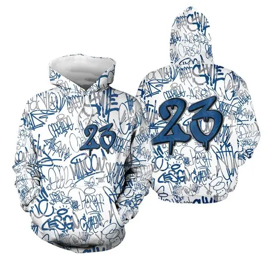 23 Hiphop 3D Graffiti Pattern Hoodie Match Jordan 13 Retro French Blue 3D Hoodie