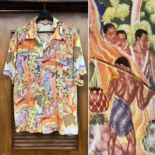 Vintage 1950s Size L Kamehameha Nylon Eugene Savage Menu Print Hawaiian Shirt Gift For Your Girlfriend Boyfriend Gift For Love Gift For Friend Best Valentine Present Holiday Gift
