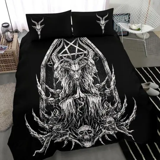 Skull Inverted Pentagram Satanic Goat Shrine Bedding Set Gift For Your Girlfriend Boyfriend Gift For Love Gift For Friend Best Valentine Present Holiday Gift