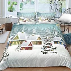 Merry Christmas Cartoon Christmas Trees Snowman and House Bedding Set Gift For Your Girlfriend Boyfriend Gift For Love Gift For Friend Best Valentine Present Holiday Gift