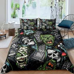 Gory horror zombie and skull faces Halloween Bedding Set Gift For Your Girlfriend Boyfriend Gift For Love Gift For Friend Best Valentine Present Holiday Gift