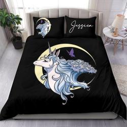 Blue Unicorn Pattern On Black Personalized Christmas Bedding SetsGift For Your Girlfriend Boyfriend Gift For Love Gift For Friend Best Valentine Present Holiday Gift