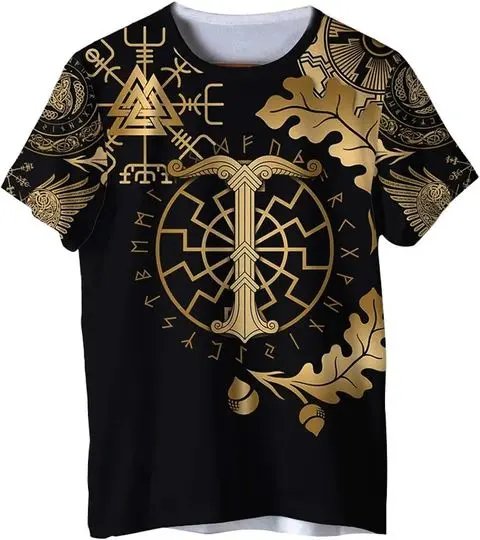Men's Viking 3D Print Short Sleeve T-Shirt Norse Mythology Scandinavian Valknut Vegvisir Celtic Rune Tattoo Graphic,Orange,XL Meaningful Gift For Family