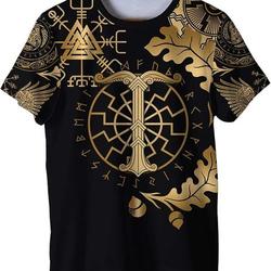 Men's Viking 3D Print Short Sleeve T-Shirt Norse Mythology Scandinavian Valknut Vegvisir Celtic Rune Tattoo Graphic,Orange,XL Meaningful Gift For Family