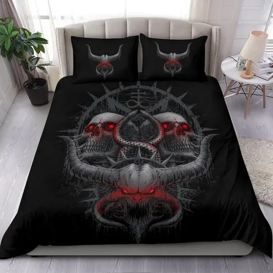 Skull Satanic Glowing Demon Eyes With Serpents Color Bedding Set Gift For Your Girlfriend Boyfriend Gift For Love Gift For Friend Best Valentine Present Holiday Gift