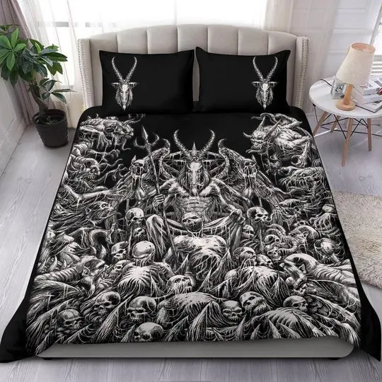 Skull Satanic Pentagram Winged Satanic Goat Demon Zombie Bedding Set Gift For Your Girlfriend Boyfriend Gift For Love Gift For Friend Best Valentine Present Holiday Gift