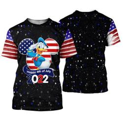 Donald Duck 4th July American Flag Patterns Disney Cartoon Outfits Unisex Casual T-shirts Meaningful Gift For Family Gift For Boyfriend Valentine Gift