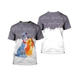 Lady & The Tramp Dogs Gray Watercolor Glitter Disney Graphic Cartoon 3D Tshirt Meaningful Gift For Family Gift For Boyfriend Valentine Gift