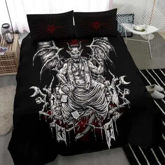 Skull Satanic Demon Belial With Pentagram Bedding Set Gift For Your Girlfriend Boyfriend Gift For Love Gift For Friend Best Valentine Present Holiday Gift