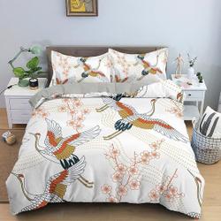 White oriental bedding with floral prints crane bird  Bedding Set Gift For Your Girlfriend Boyfriend Gift For Love Gift For Friend Best Valentine Present Holiday Gift
