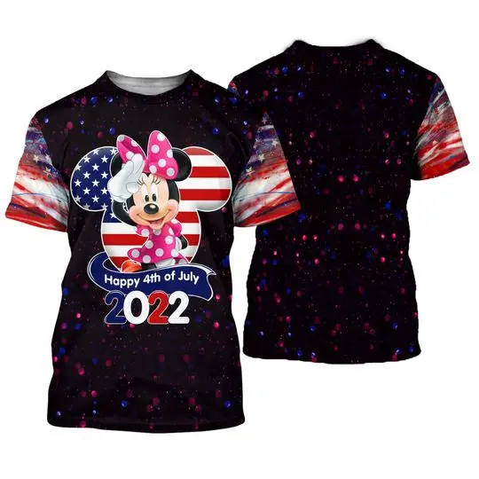 Minnie Mouse 4th July American Flag Patterns Disney Cartoon Outfits Unisex Casual T-shirts Meaningful Gift For Family Gift For Boyfriend Valentine Gift