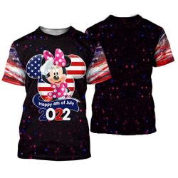 Minnie Mouse 4th July American Flag Patterns Disney Cartoon Outfits Unisex Casual T-shirts Meaningful Gift For Family Gift For Boyfriend Valentine Gift