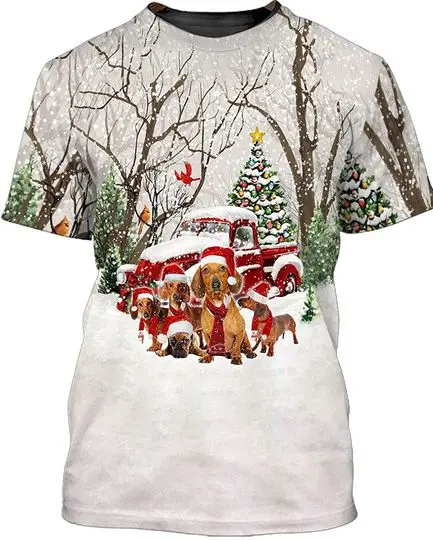Mens 3D Graphic Printed Christmas Tree T Shirt Dachshund Dogs Wearing Santa Hats Novelty Tee for Adults Meaningful Gift For Family Gift For Boyfriend Valentine Gift