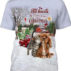 Womens Mens 3D Cute Dog and Cat Tshirt All Hearts Come Home for Christmas Tee with Red Xmas Car and Winter Cardinal Design Meaningful Gift For Family