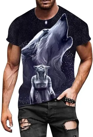 Men's 3D Graphic Printed T-Shirt Round Neck Wolf Pattern Hip Hop Tee Tops Streetwear Meaningful Gift For Family Gift For Boyfriend Valentine Gift