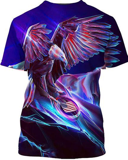 Bald Eagle with American Flag in Neon Style 3D Graphic Printed T Shirt Patriot Shirt for Dad Daddy Papa Father Men Meaningful Gift For Family Gift For Boyfriend Valentine Gift
