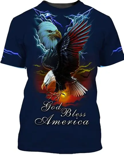 Bald Eagle 3D Graphic Print Shirt God Bless America and Sun in Lightning Pattern Shirt for Husband Dad Daddy Papa Meaningful Gift For Family Gift For Boyfriend Valentine Gift