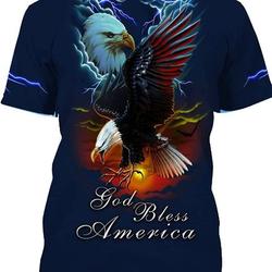 Bald Eagle 3D Graphic Print Shirt God Bless America and Sun in Lightning Pattern Shirt for Husband Dad Daddy Papa Meaningful Gift For Family Gift For Boyfriend Valentine Gift
