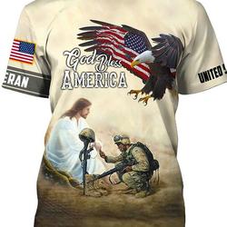 Mens 3D Graphic Printed God Bless America Tee Jesus with Veteran and Bald Eagle T Shirt for Adults Men Women Meaningful Gift For Family Gift For Boyfriend Valentine Gift