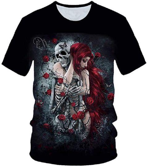 Hisayhe Skull and Beauty T-Shirt,Skulls and Roses 3D Creative Pattern Unisex Short Sleeve Tshirt Meaningful Gift For Family Gift For Boyfriend Valentine Gift