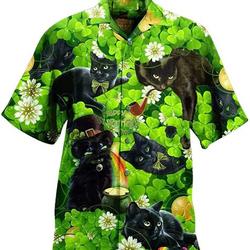 Irish Black Cat Patricks Day Pattern Green Hawaiian Shirt Gift For Your Girlfriend Boyfriend Gift For Love Gift For Friend Best Valentine Present Holiday Gift