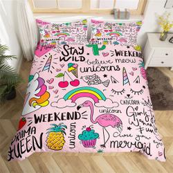 Hippie Graffiti Duvet Cover, Cartoon Cute Unicorn Flamingo Animal Bedding Set Gift For Your Girlfriend Boyfriend Gift For Love Gift For Friend Best Valentine Present Holiday Gift