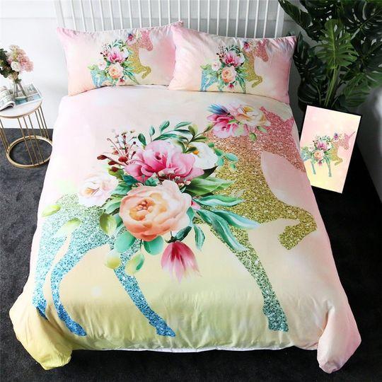 Sparkly Glitter Unicorn Duvet Cover Unicorn Flower Leafs Quilt Cover Bedding Set Gift For Your Girlfriend Boyfriend Gift For Love Gift For Friend Best Valentine Present Holiday Gift