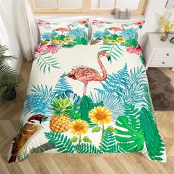 Watercolor Flamingo Bedding Set, Jungle Palm Leaves Sunflowers Botanical Duvet CoverGift For Your Girlfriend Boyfriend Gift For Love Gift For Friend Best Valentine Present Holiday Gift