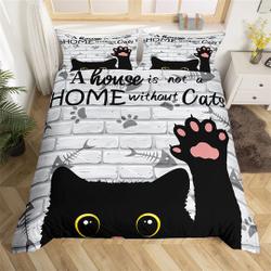 Black Cartoon Cat Handmade Duvet Cover Set, Cute Cat Fish Bones Footprint Bedding Set Gift For Your Girlfriend Boyfriend Gift For Love Gift For Friend Best Valentine Present Holiday Gift