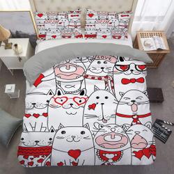 Cute White Cat Bedding with Red Accents, Toddler Bedding, Kids Duvet Cover Set Gift For Your Girlfriend Boyfriend Gift For Love Gift For Friend Best Valentine Present Holiday Gift