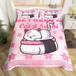 Sushi Food Duvet Cover, Japanese Style Pink Cherry Blossom Watercolor Bedding Set Gift For Your Girlfriend Boyfriend Gift For Love Gift For Friend Best Valentine Present Holiday Gift