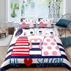 Cute Sailor Couple Cat Bedding, Toddler Bedding, Kids Duvet Cover Set Gift For Your Girlfriend Boyfriend Gift For Love Gift For Friend Best Valentine Present Holiday Gift