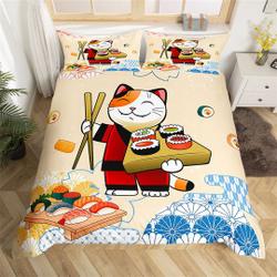 Cute Cat Handmade Animal Duvet Cover, Cartoon Sushi Food Bedding Set Gift For Your Girlfriend Boyfriend Gift For Love Gift For Friend Best Valentine Present Holiday Gift