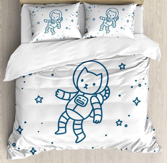 Cat Duvet Cover Set, Cartoon Astronaut Pioneer Cat Flying in Outer Space Bedding Set Gift For Your Girlfriend Boyfriend Gift For Love Gift For Friend Best Valentine Present Holiday Gift