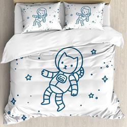 Cat Duvet Cover Set, Cartoon Astronaut Pioneer Cat Flying in Outer Space Bedding Set Gift For Your Girlfriend Boyfriend Gift For Love Gift For Friend Best Valentine Present Holiday Gift