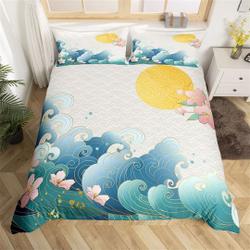 Japanese Style Ukiyeo Bedding Set, Blue Sea Wave Cherry Blossom Duvet CoverGift For Your Girlfriend Boyfriend Gift For Love Gift For Friend Best Valentine Present Holiday Gift