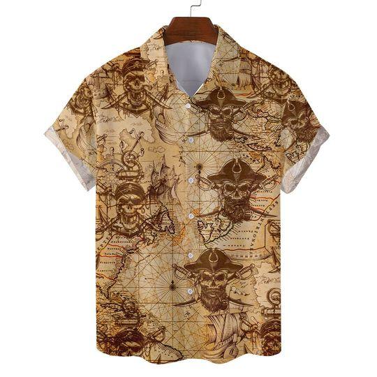 Pirate Skull Hawaiian Shirts for Men Women, Vintage Pirate Treasure Map Shirt Pirate Theme Lover Shirt Gift For Your Girlfriend Boyfriend Gift For Love Gift For Friend Best Valentine Present Holiday Gift