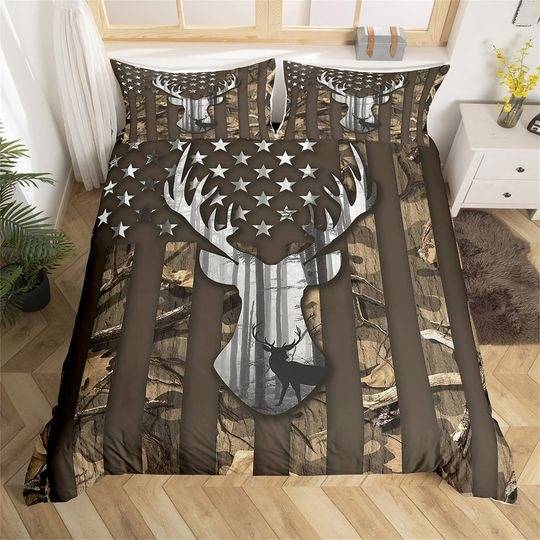 Brown Camouflage USA Flag Duvet Cover, Deer Antler Jungle Tree Print Quilt, Wild Animal Nature Hunting Bedding Set Gift For Your Girlfriend Boyfriend Gift For Love