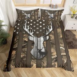 Brown Camouflage USA Flag Duvet Cover, Deer Antler Jungle Tree Print Quilt, Wild Animal Nature Hunting Bedding Set Gift For Your Girlfriend Boyfriend Gift For Love