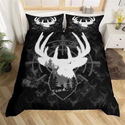 Deer Hunting Handmade Duvet Cover, Antler Wild Animal Psychedelic Jungle Bedding Set, Geometric Sight Mirror Pattern Quilt