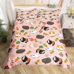 Cute Guinea Pig Bedding Set, Cartoon Animal Pet Duvet Cover for Kids Teens, Carrot Sushi Food Printing Pink