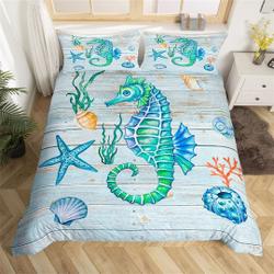 Sea Horse Duvet Cover, Watercolor Marine Life Starfish Shell Bedding Set, Undersea Coral Ocean Animal