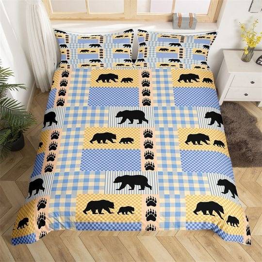 Bear Silhouette Duvet Cover, Wild Animal Hunting Theme Rustic Bedding Set, Blue Yellow Geometric Plaid Comforter