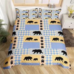 Bear Silhouette Duvet Cover, Wild Animal Hunting Theme Rustic Bedding Set, Blue Yellow Geometric Plaid Comforter