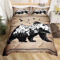 Bear Silhouette Duvet Cover, Retro Brown Wooden Board Flying Birds Bedding Set Gift For Your Girlfriend Boyfriend Gift For Love Gift For Friend Best Valentine Present Holiday Gift