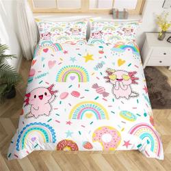 Axolotl Handmade Duvet Cover, Rainbow Donut Candy Cartoon Graffiti Bedding Set, Cute Ocean Animal Comforter