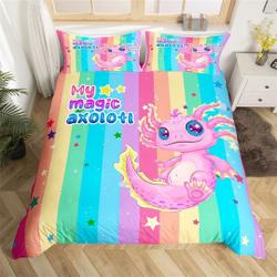 Cute Axolotl Duvet Cover, Rainbow Geometric Stripes Colorful Stars Bedding Set Gift For Your Girlfriend Boyfriend Gift For Love Gift For Friend Best Valentine Present Holiday Gift